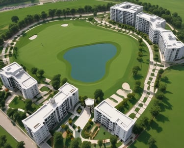 An aerial view of a residential area shows a construction site in the center, surrounded by roads and several houses with red roofs. The site features partially built structures with exposed concrete and construction materials. Greenery and trees fill the surrounding landscape, along with additional houses featuring swimming pools.