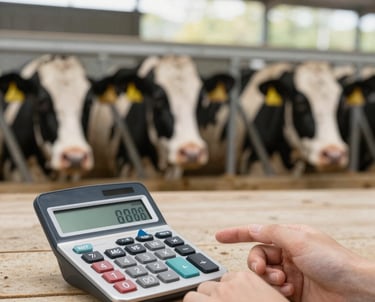 A close-up of a black and white cow's head. The cow has a yellow ear tag with identification number 28694. It appears to be standing inside a dark barn or stable.
