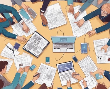 A team of professionals collaborating around a laptop in a modern office setting.