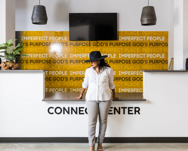 Church connect wall with the slogan, Perfect Place. Imperfect People. Pursuing God's Purpose.