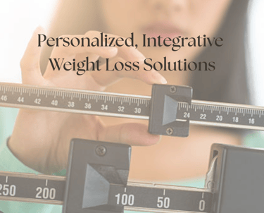 a woman checking her weight on a scale, text says personalized, integrative weight loss solutions.