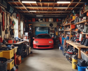A clean and organized one-car garage with bright lighting.