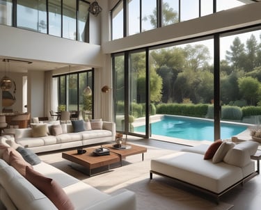 The image features a spacious room with large glass windows offering a panoramic view of a city. Outside, there is a landscape with a river, lush greenery, and numerous buildings in the background, under a partly cloudy sky. Inside the room, there is a dark green sofa and a small potted plant, suggesting a modern, comfortable interior space.