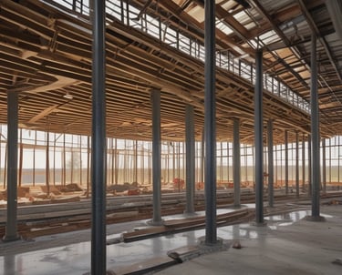 A large, modern building with blue-tinted glass windows and light-colored walls, surrounded by a landscaped area with trees and bushes. There is construction equipment, including a crane, in the foreground, indicating ongoing work.