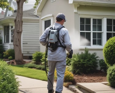 A small wooden insect house is nestled among lush green foliage and leaves, positioned against the trunk of a large tree. Surrounding the setup is a wooden fence, all contributing to a natural, serene garden setting.