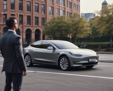 Professional driver opening the door of a Tesla for a smiling passenger.