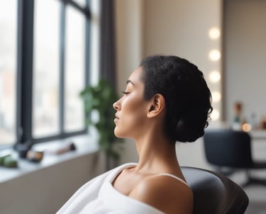 A barbershop or salon setting with black leather chairs and mirrors. The interior features a modern design with sleek lines and minimalist décor, including glass shelves and dark wooden cabinets. The room appears tidy and well-organized, creating a professional and upscale atmosphere.