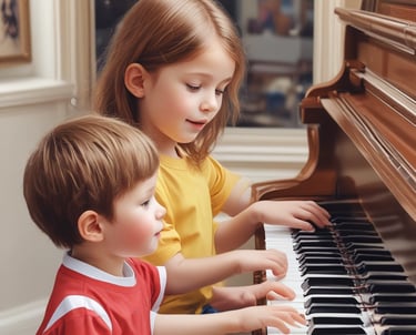 A person is seated at a wooden piano, attentively playing music with sheet music open in front of them. The individual is wearing a colorful striped dress and black shoes with white socks. The setting appears to be a cozy room with a blend of wooden and carpeted flooring. A variety of potted plants and decorative items sit atop the piano.