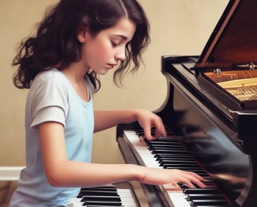 A pair of hands gracefully playing the keys of an upright piano. Sheet music is visible on the music stand, and the polished wooden finish of the piano adds a classic touch.