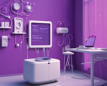 A conference room setting with several laptops on a large table, each being used by a person. A large screen displays a blue interface with the text 'Generate ad creatives from any website with AI'. A stainless steel water bottle and a conference phone are also visible on the table.