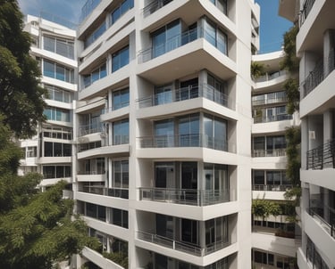 A large residential building with numerous yellow balconies is seen, each having air conditioning units installed. In the foreground, there's a wet, reflective ground surface of a parking area with some visible puddles. The parking lot has a fence along the left side and some yellow lines marking the spaces.