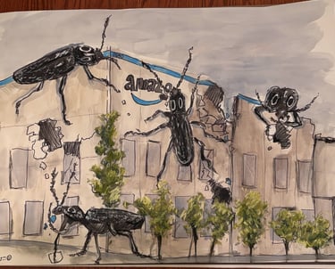 "Beetles Eating Ugly Warehouse" - July 2025. Acrylic, Sharpie, and Pastel on Drawing Paper