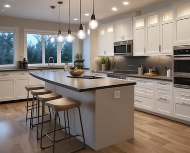 a kitchen with a large island and a bar stool