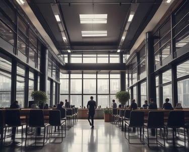 A car dealership showroom featuring several tables and chairs arranged for consultations or meetings. Two cars are prominently displayed indoors, while another is visible through the large glass windows. There are people engaged in discussions at one of the tables.