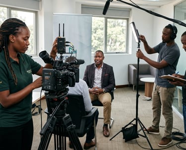 Professional film crew filming a corporate interview with lighting, boom mic, and high-end video camera.