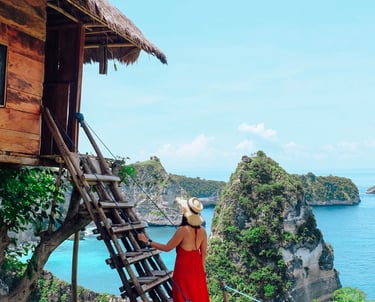 A woman in a red dress climbs a wooden ladder to a Bali treehouse overlooking Nusa Penida islands.