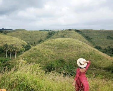 A woman in a red dress and sun hat overlooks lush green rolling hills and tropical landscape.