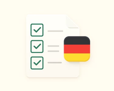 A minimalist icon showing a checklist with the German flag, symbolizing Ancient Roots Global's EU re