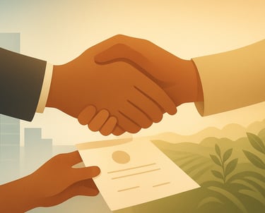 Minimalist 16:9 illustration of two hands connecting above a certificate, symbolizing trust, partner