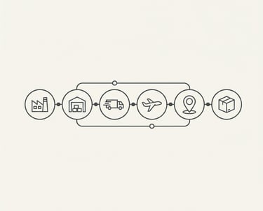 A minimalist icon illustrating the direct-to-source supply chain at Ancient Roots Global, showing sc