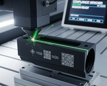 A fiber laser engraving a defense-grade metal part