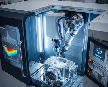 A multi-axis CNC machine at work on a complex