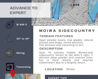 Niseko Gate 10 (Moiwa Sidecountry) info card. Adv-Exp. Open powder bowls, tree glades, natural pillows.