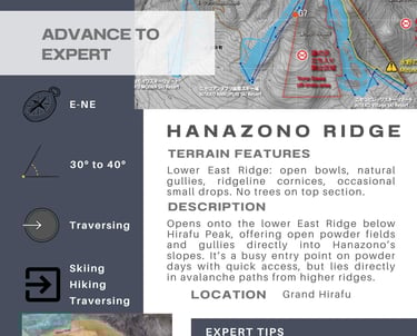 Niseko Gate 4 (Hanazono Ridge) info card. Adv-Exp. Open bowls, gullies, natural drops, no trees on top.