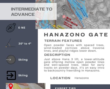 Niseko Gate 5 (Hanazono Gate) info card. Int-Adv. Open powder faces, spaced trees, wind-loaded cornices.