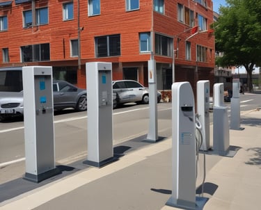 A minimalist electric vehicle charging station is situated in a barren, sandy landscape with a bright blue sky overhead. The charging station is marked by various warning signs, including 'High Voltage' and 'Danger Keep Out.' Nearby, a small sign indicates it's an electric vehicle charging point.