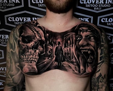 Custom script tattoo on male chest at The Clover Ink Bali