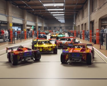 A crowd of enthusiastic spectators watches a car race at a large race track. Several brightly colored race cars are speeding past the spectators, with some fans waving and taking pictures. In the background, there are racing facilities, including stands, a digital screen, and a field with racing logos.