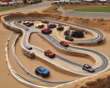 A red rally car with decals and the text 'OZCAB RACING' navigates through a dirt track, kicking up dust as it takes a sharp turn. The background includes trees and a few structures, with red and white tape marking the track barriers.