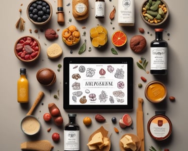 A wooden shelf filled with various jars, bottles, and packages of food products, including truffles, sauces, pasta, and preserved goods. Each shelf holds differently sized containers with labels and tags, creating a rustic and artisanal ambiance.
