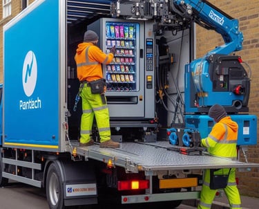 2 x vending machine transport workers moving a vending machine that is on the back of a pantech truc