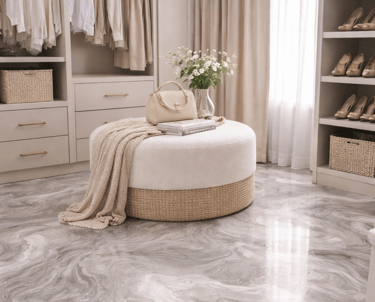 Custom epoxy closet floor with soft swirl pattern