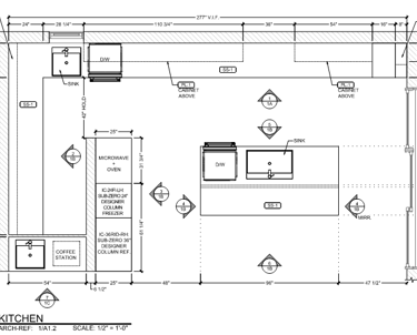 Kitchen floor plan with cabinetry, appliances –millwork shop drawing by SketchyCAD