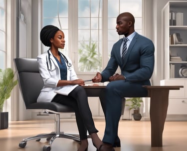A man is receiving a medical check-up or test from a female healthcare professional who is sitting at a table outside. The man is smiling and wearing a yellow t-shirt, while the professional is dressed in a white coat. There are several people standing around, likely part of an event or fair. Medical supplies and informational materials are scattered on the table.