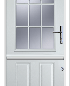 a white solid stable composite door with arched glass and grill