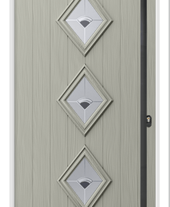 silk grey RAL 7044 composite door in cottage style with 3 diamond glass panels and long handle