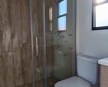 baño, mampara de vidrio e inodoro