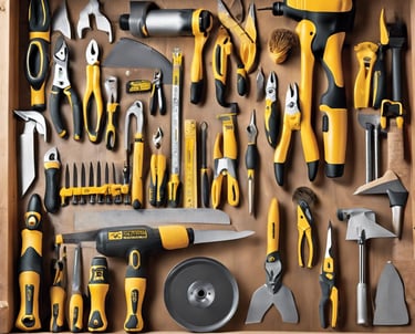 clothes iron, hammer, axe, flashlight and pitcher on brown wooden table
