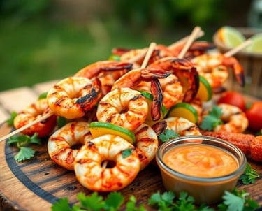 a bunch of grilled shrimp and vegetables on a wooden board