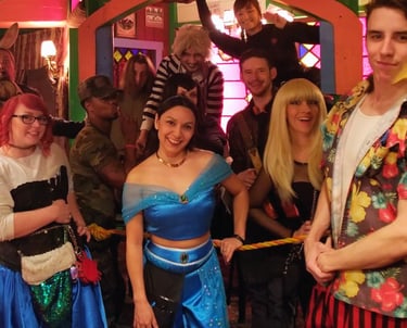 a group of people dressed in costumes for a costume party