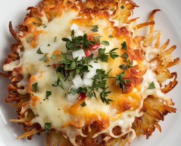 a plate of hashbrowns with cheese