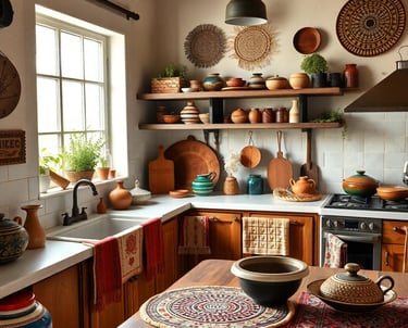 a bohemian kitchen with a table and bowls