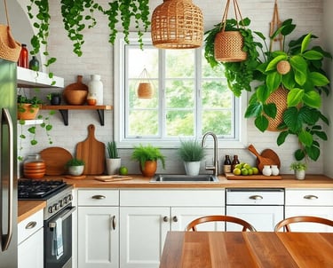 a bohemian kitchen with plants and a wooden table