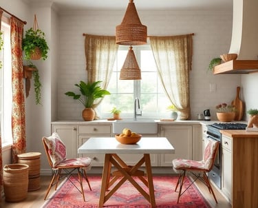 bohemian kitchen layered with textures