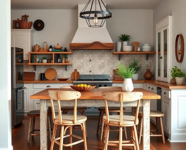 a bohemian kitchen with a table and chairs