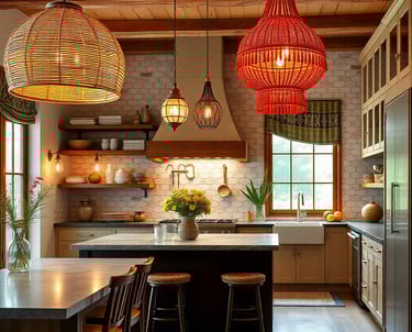a bohemian kitchen with a table and chairs